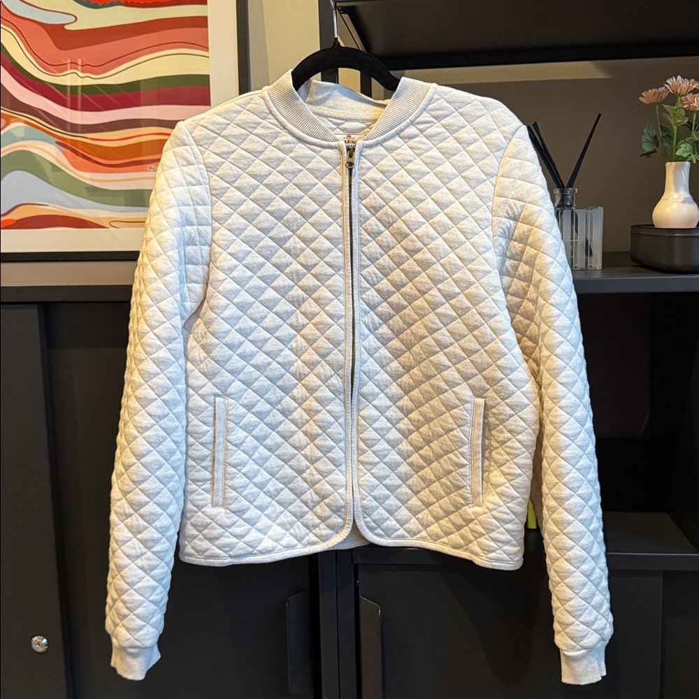 Marine Layer Quilted Cream Bomber Jacket, Size Large
